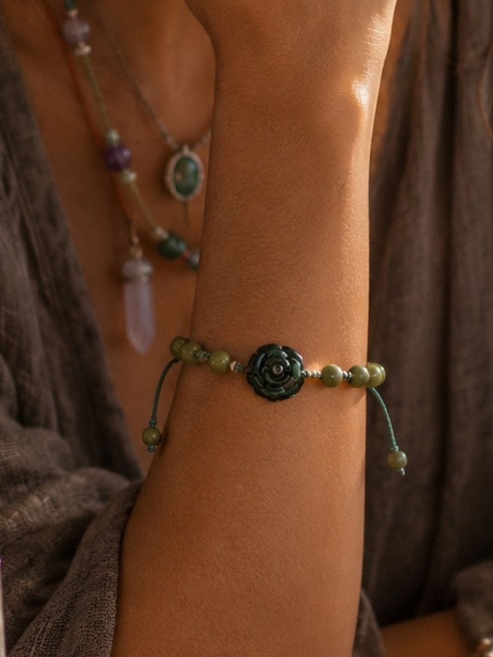 Authentic grade A Green Jade Beaded Bracelet with Carved Rose adjustable